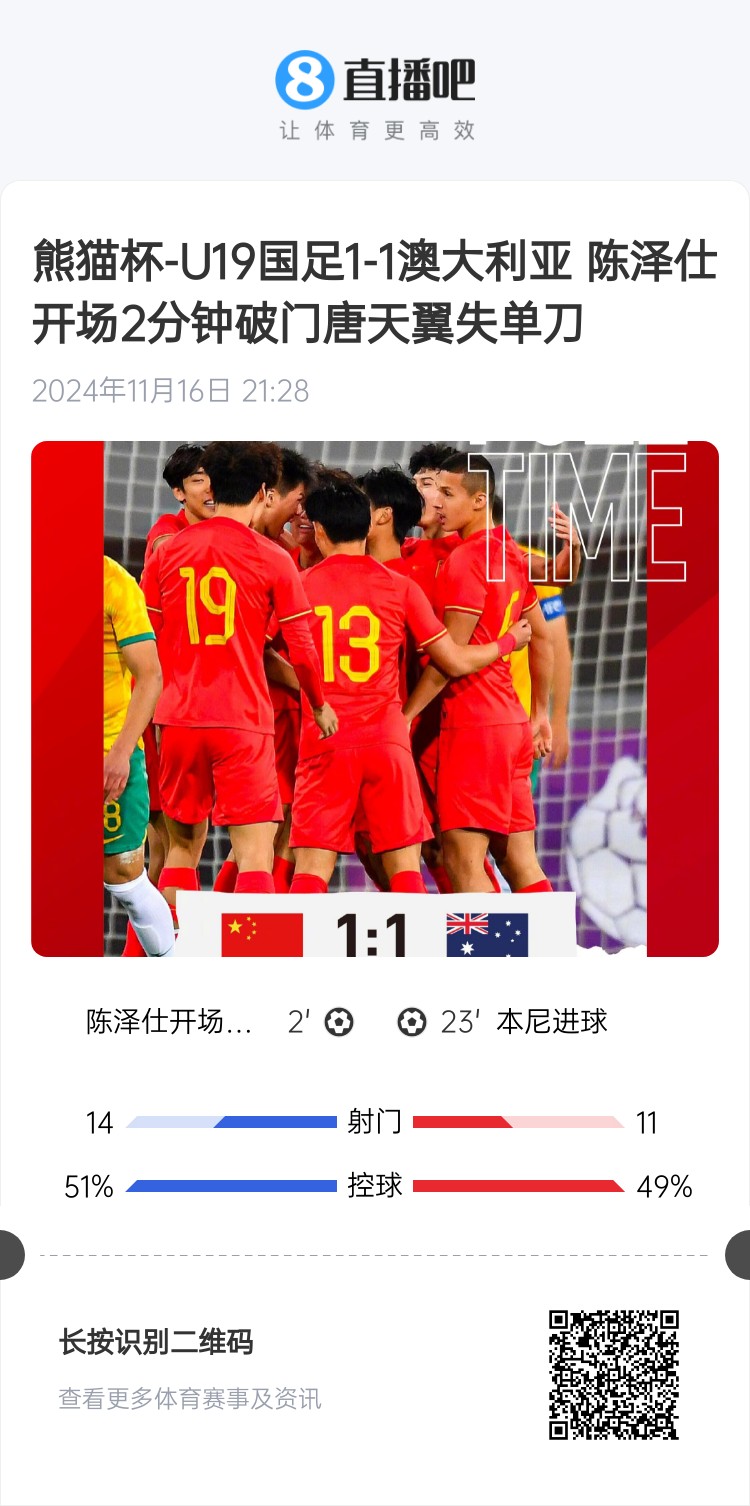  二番戰(zhàn)！U20國青與澳大利亞去年熊貓杯剛有過交手，雙方1-1戰(zhàn)平