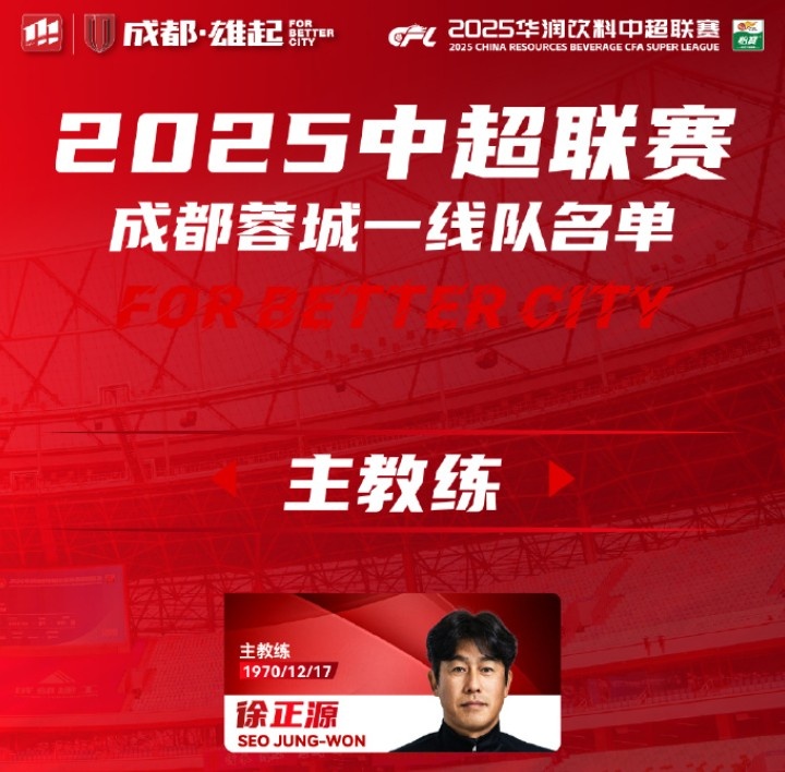  成都蓉城一線隊(duì)大名單出爐！