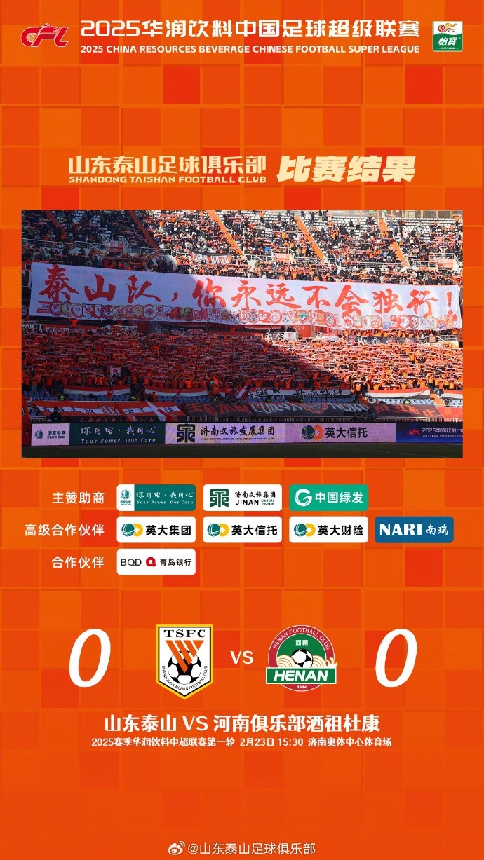  中超首戰(zhàn)，泰山隊(duì)雖未取勝，但全隊(duì)展現(xiàn)出了頑強(qiáng)的拼搏精神